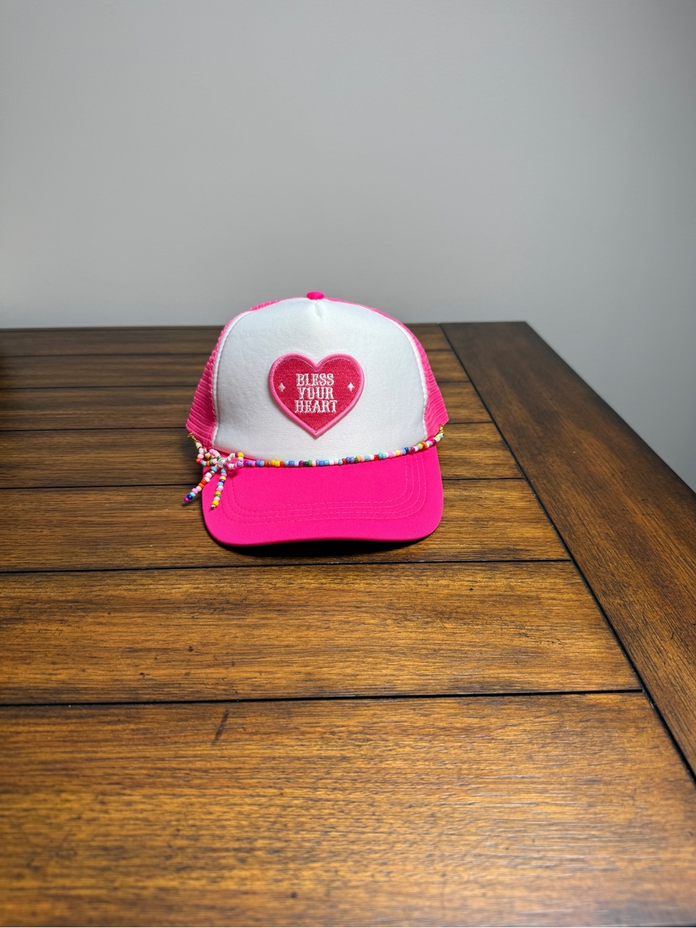 Pink & White Trucker Hat Mesh  Bless Your Heart Heart Patch & hat chain